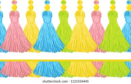 Vector seamless border pattern. Horizontal tassels from yarn or tread with beads, flat macrame style. Punchy green, yellow, pink, grey colors, perfect for room decor, greeting cards, celebrating