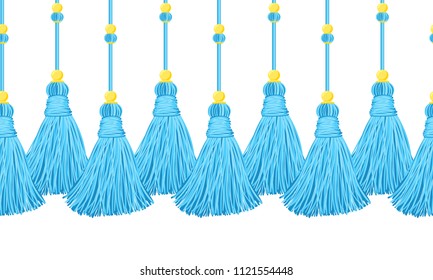 Vector seamless border pattern. Horizontal tassels from yarn or tread with beads on cords. Shades of bright blue color, perfect for boys design, kids room, greeting cards, celebrating design