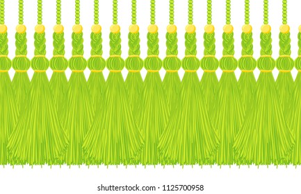 Vector seamless border pattern. Horizontal deep green tassels from yarn or tread with beads and braid on cords, flat macrame style. Abstract design