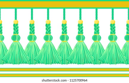 Vector seamless border pattern. Horizontal deep green tassels from yarn or tread with beads and braid on cords, flat macrame style. Abstract design