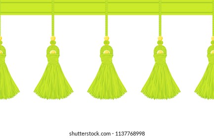 Vector seamless border pattern. Horizontal green tassels from green straw or yards, treads. Bright, colorful summer design, perfect for ribbons, dividers, greeting cards, celebrate decoration