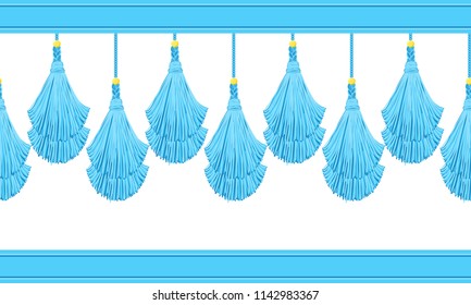 Vector seamless border pattern. Horizontal tassels from yarn or tread with beads and braid on cords, flat macrame style. Bright blue colors, abstract design