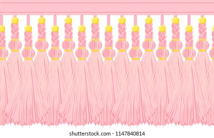 Vector seamless border pattern. Horizontal tassels from yarn or tread with beads and braid on cords, flat macrame style. Abstract design, powdery pink colors. Perfect for baby girl design