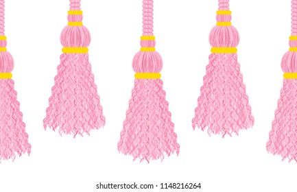 Vector seamless border pattern.  Horizontal border, beautiful pink colors, perfect for girls room, cards, celebrate decor, background. Cute tassels from thread, yarn with beads, breads, strings, rope