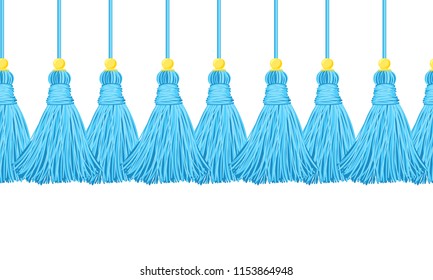 Vector seamless border pattern. Horizontal tassels from yarn or tread with beads on cords. Shades of bright blue color, perfect for boys design, kids room, greeting cards, celebrating design