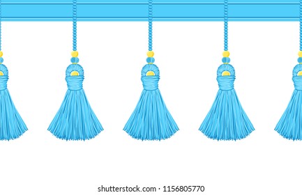 Vector seamless border pattern. Horizontal tassels from yarn or tread with beads, flat macrame style. Bright blue colors, perfect for boys design, kids room, greeting cards, celebrating