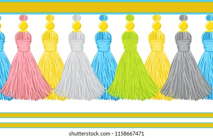 Vector seamless border pattern. Horizontal tassels from yarn or tread with beads, flat macrame style. Punchy green, yellow, pink, grey colors, perfect for room decor, greeting cards, celebrating