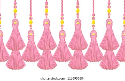 Vector seamless border pattern. Horizontal tassels from yarn or tread with beads, flat macrame style. Punchy pink colors, perfect for wallpaper, room, greeting cards, celebrating