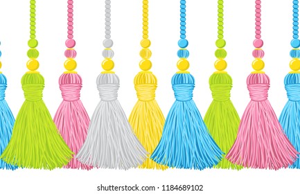 Vector seamless border pattern. Horizontal tassels from yarn or tread with beads, flat macrame style. Punchy green, yellow, pink, grey colors, perfect for room decor, greeting cards, celebrating