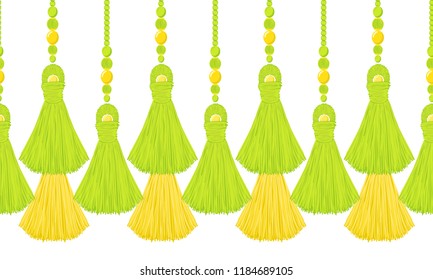 Vector seamless border pattern. Horizontal green tassels from green straw or yards, treads. Bright, colorful summer design, perfect for ribbons, dividers, greeting cards, celebrate decoration