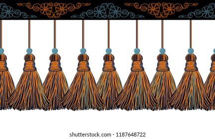 Vector seamless border pattern. Horizontal decorative tassels from yarn or tread with beads, ropes, flat macrame style. Halloween theme elements, orange, red, black colors, perfect for decor, cards