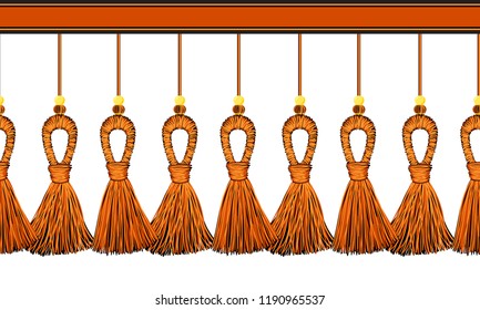 Vector seamless border pattern. Horizontal decorative tassels from yarn or tread with beads, ropes, flat macrame style. Halloween theme elements, orange, red, black colors, perfect for decor, cards