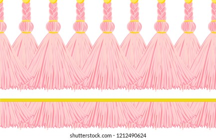Vector seamless border pattern. Horizontal tassels from yarn or tread with beads and braid on cords, flat macrame style. Abstract design, powdery pink colors. Perfect for baby girl design