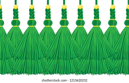 Vector seamless border pattern. Horizontal deep green tassels from yarn or tread with beads and braid on cords, flat macrame style. Abstract design