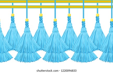 Vector seamless border pattern. Horizontal tassels from yarn or tread with beads and braid on cords, flat macrame style. Bright blue colors, abstract design
