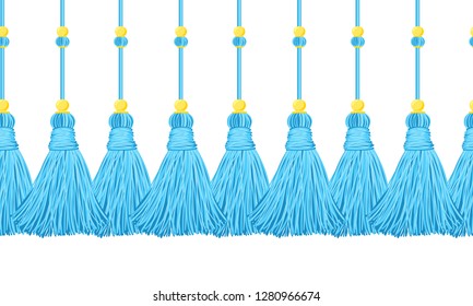 Vector seamless border pattern. Horizontal tassels from yarn or tread with beads on cords. Shades of bright blue color, perfect for boys design, kids room, greeting cards, celebrating design