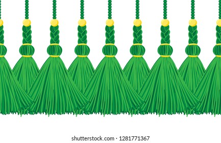 Vector seamless border pattern. Horizontal deep green tassels from yarn or tread with beads and braid on cords, flat macrame style. Abstract design