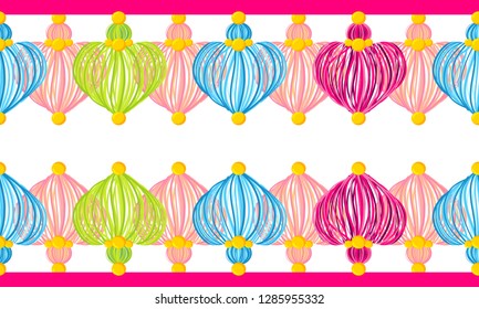 Vector seamless border pattern. Horizontal divider, heart tassels from yarn, treads, beads. Perfect for decoration, celebrating decor, greeting cards, wallpaper and more. Vivid blue, pink, green