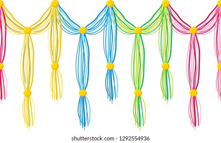 Vector seamless border pattern. Horizontal divider, Tassels from yarn, treads, beads. Perfect for decoration, celebrating decor, greeting cards, wallpaper and more. Vivid blue, pink, green, yellow