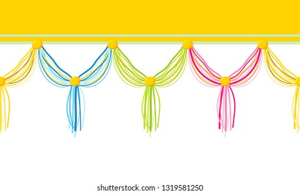 Vector seamless border pattern. Horizontal divider, Tassels from yarn, treads, beads. Perfect for decoration, celebrating decor, greeting cards, wallpaper and more. Vivid blue, pink, green, yellow 