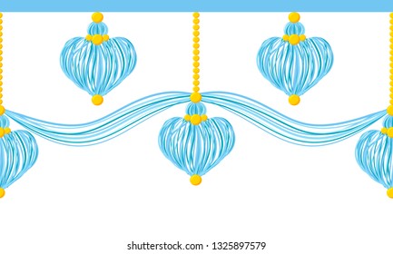 Vector seamless border pattern. Horizontal divider, hearts tassels from yarn, tread, beads. Perfect for wedding celebrating decor, greeting cards, room wallpaper. Shades of blue colors 