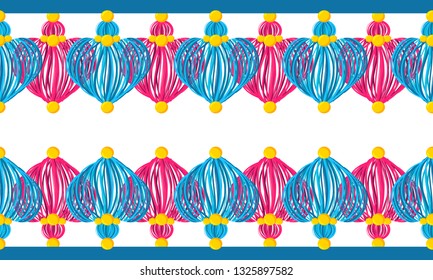 Vector seamless border pattern. Horizontal divider, hearts tassels from yarn, tread, beads. Perfect for wedding celebrating decor, greeting cards, room wallpaper. Shades of blue colors 