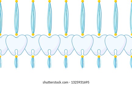 Vector seamless border pattern. Horizontal tassels with teeth, beads and yarn or tread. Blue, navy, yellow colors. Cute decorative element for dentist room, kids background 