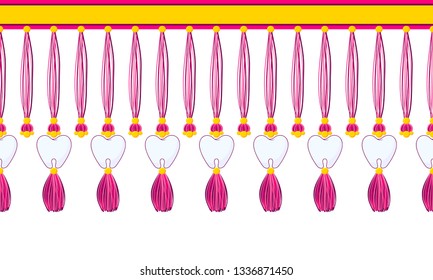 Vector seamless border pattern. Horizontal tassels with teeth, beads and yarn or tread. Pink, rose, yellow colors. Cute decorative element for dentist room, kids background