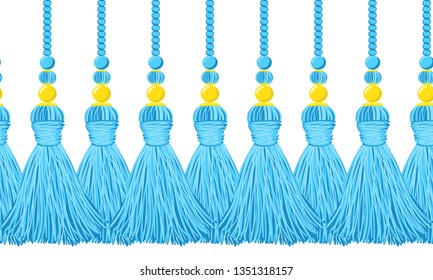 Vector seamless border pattern. Horizontal tassels from yarn or tread with beads, flat macrame style. Bright blue colors, perfect for wallpaper, room, greeting cards, celebrating
