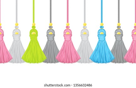 Vector seamless border pattern. Horizontal decorative tassels from yarn or tread with beads, ropes, flat macrame style. Punchy green, yellow, pink, grey colors, perfect for room decor, greeting cards