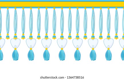 Vector seamless border pattern. Horizontal tassels with teeth, beads and yarn or tread. Blue, navy, yellow colors. Cute decorative element for dentist room, kids background 