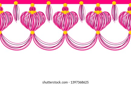 Vector seamless border pattern. Horizontal divider, hearts tassels from yarn, tread, beads. Perfect for Valentine’s day, wedding celebrating decor, greeting cards, wallpaper. Pink, rose, yellow