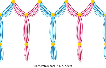Vector seamless border pattern. Horizontal divider, Tassels from yarn, treads, beads. Perfect for decoration, celebrating decor, greeting cards, wallpaper and more. Vivid blue, pink, green, yellow
