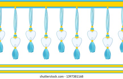 Vector seamless border pattern. Horizontal tassels with teeth, beads and yarn or tread. Blue, navy, yellow colors. Cute decorative element for dentist room, kids background 