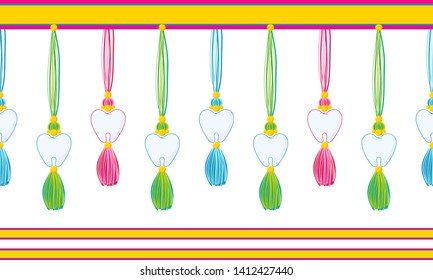 Vector seamless border pattern. Horizontal tassels with teeth, beads and yarn or tread. Blue, pink, gray, green,  yellow colors. Cute decorative element for dentist room, kids background 