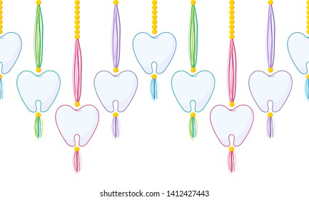 Vector seamless border pattern. Horizontal tassels with teeth, beads and yarn or tread. Blue, pink, gray, green,  yellow colors. Cute decorative element for dentist room, kids background 