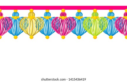 Vector seamless border pattern. Horizontal divider, heart tassels from yarn, treads, beads. Perfect for decoration, celebrating decor, greeting cards, wallpaper and more. Vivid blue, pink, green