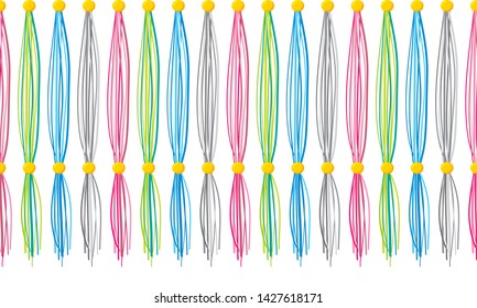 Vector seamless border pattern. Horizontal divider, Tassels from yarn, treads, beads. Perfect for decoration, celebrating decor, greeting cards, wallpaper and more. Vivid blue, pink, green, yellow 