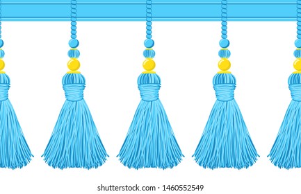 Vector seamless border pattern. Horizontal tassels from yarn or tread with beads, flat macrame style. Bright blue colors, perfect for wallpaper, room, greeting cards, celebrating