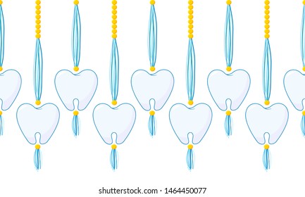 Vector seamless border pattern. Horizontal tassels with teeth, beads and yarn or tread. Blue, navy, yellow colors. Cute decorative element for dentist room, kids background 