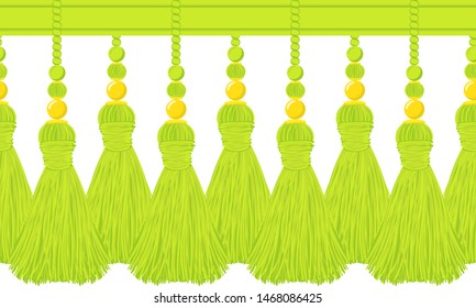 Vector seamless border pattern. Horizontal deep green tassels from green straw or yards, treads. Bright, colorful summer design, perfect for ribbons, dividers, greeting cards, celebrate decoration