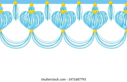 Vector seamless border pattern. Horizontal divider, hearts tassels from yarn, tread, beads. Perfect for wedding celebrating decor, greeting cards, room wallpaper. Shades of blue colors 