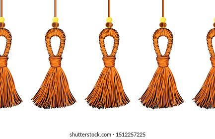 Vector seamless border pattern. Horizontal decorative tassels from yarn or tread with beads, ropes, flat macrame style. Halloween theme elements, orange, red, black colors, perfect for decor, cards