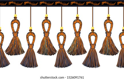 Vector seamless border pattern. Horizontal decorative tassels from yarn or tread with beads, ropes, flat macrame style. Halloween theme elements, orange, red, black colors, perfect for decor, cards