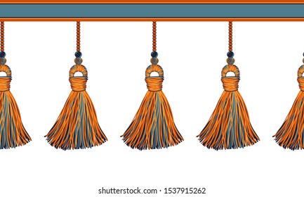 Vector seamless border pattern. Horizontal decorative tassels from yarn or tread with beads, ropes, flat macrame style. Halloween theme elements, orange, red, black colors, perfect for decor, cards