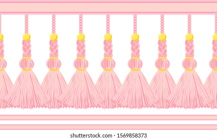 Vector seamless border pattern. Horizontal tassels from yarn or tread with beads and braid on cords, flat macrame style. Abstract design, powdery pink colors. Perfect for baby girl design
