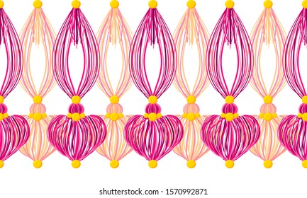 Vector seamless border pattern. Horizontal divider, hearts tassels from yarn, tread, beads. Perfect for Valentine’s day, wedding celebrating decor, greeting cards, wallpaper. Pink, rose, yellow