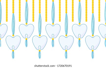 Vector seamless border pattern. Horizontal tassels with teeth, beads and yarn or tread. Blue, navy, yellow colors. Cute decorative element for dentist room, kids background 