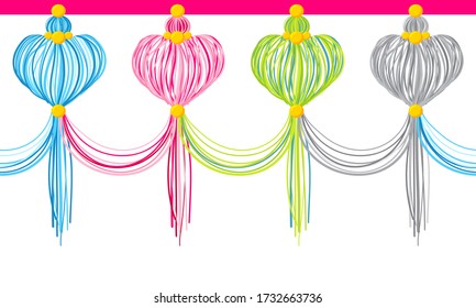 Vector seamless border pattern. Horizontal divider, heart tassels from yarn, treads, beads. Perfect for decoration, celebrating decor, greeting cards, wallpaper and more. Vivid blue, pink, green