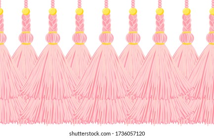 Vector seamless border pattern. Horizontal tassels from yarn or tread with beads and braid on cords, flat macrame style. Abstract design, powdery pink colors. Perfect for baby girl design